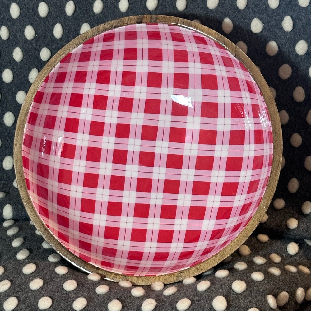 Large Wooden Serving Bowl- 12” diameter height 4 “ Red and White Gingham